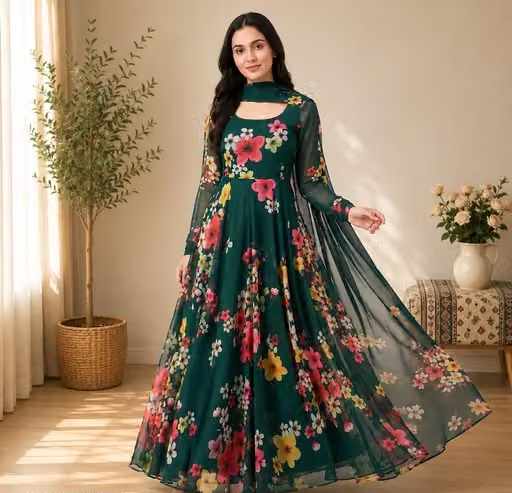 Fancy Floral Printed Georgette Anarkali Gown with Dupatta for Women/free Shipping