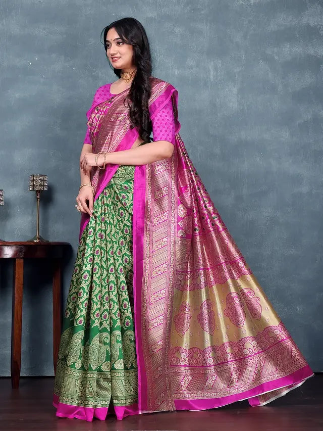 Elegance Dual-Tone Pink & Green Mysore Silk Printed Saree with Unstitched Blouse Piece/ free-shipping