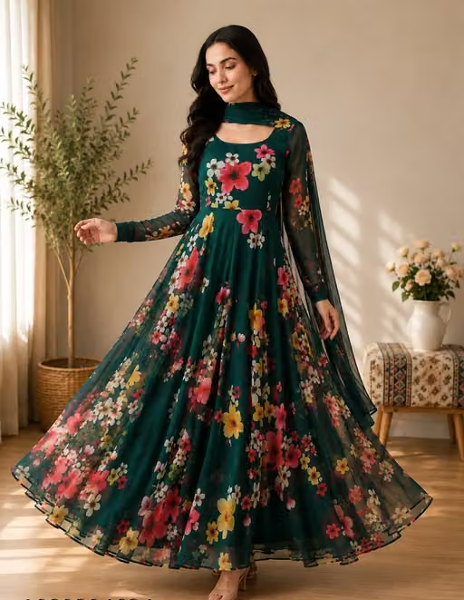 Fancy Floral Printed Georgette Anarkali Gown with Dupatta for Women/free Shipping