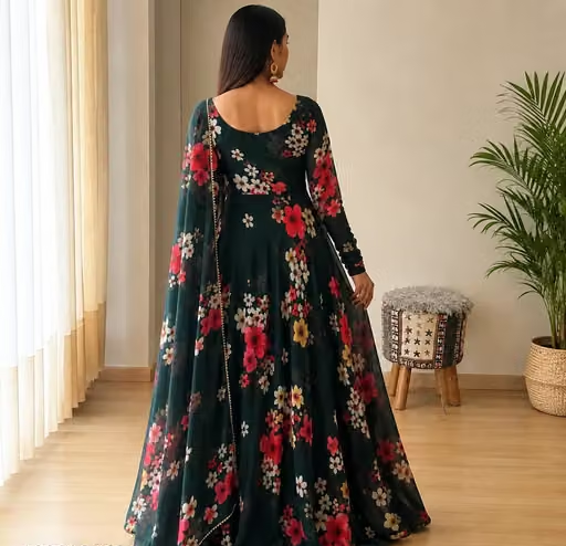 Fancy Floral Printed Georgette Anarkali Gown with Dupatta for Women/free Shipping