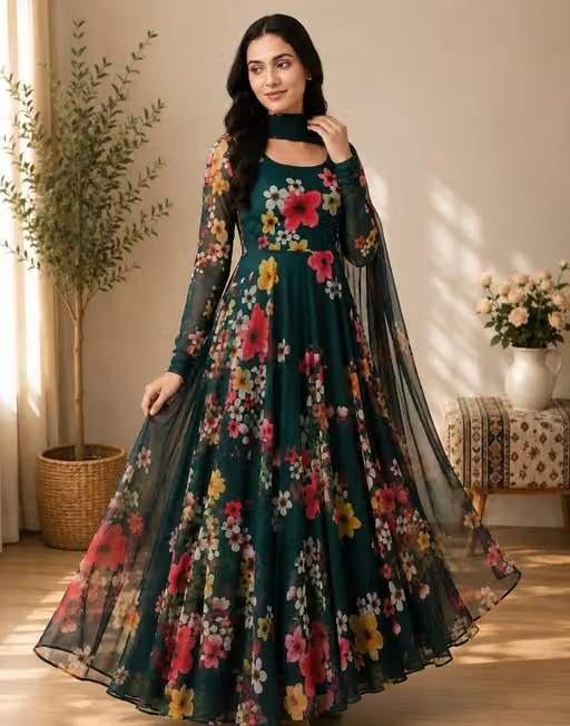 Fancy Floral Printed Georgette Anarkali Gown with Dupatta for Women/free Shipping