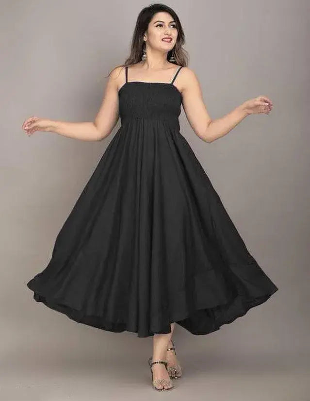 Women’s Black Smocked Spaghetti Strap Flowy Maxi Dress