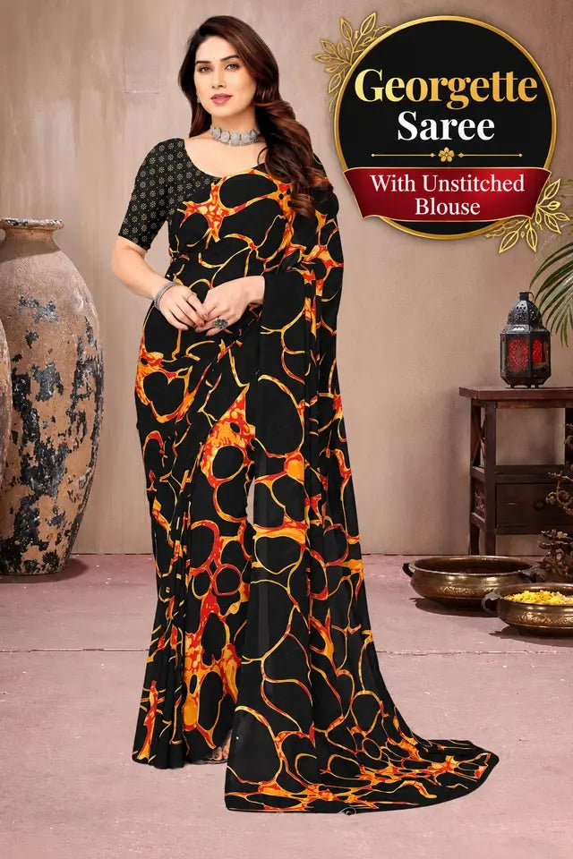 Contemporary Black & Flame Orange Printed Georgette Leheriya Saree with Unstitched Blouse Piece/ Free_Shipping
