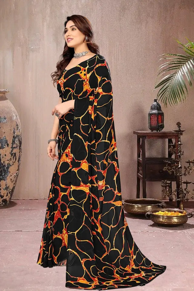 Contemporary Black & Flame Orange Printed Georgette Leheriya Saree with Unstitched Blouse Piece/ Free_Shipping