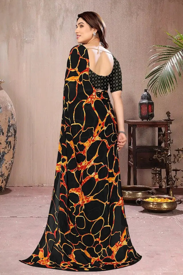 Contemporary Black & Flame Orange Printed Georgette Leheriya Saree with Unstitched Blouse Piece/ Free_Shipping