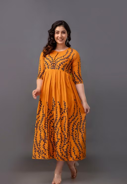 Abhisarika Voguish Leaf Printed Rayon Anarkali Kurti for Women/ free Shipping