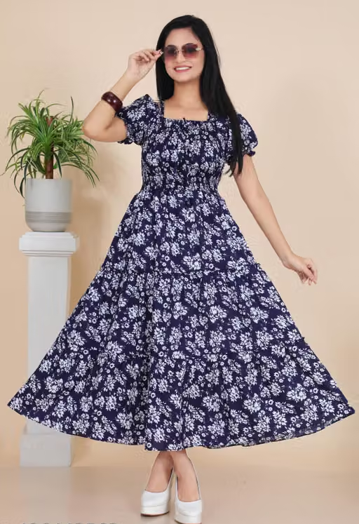 Stylish Floral Printed Cotton Blend Maxi Dress for Women | Casual & Party Wear/ Free Shipping