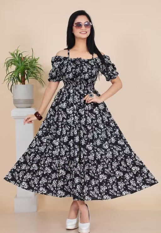Stylish Floral Printed Cotton Blend Maxi Dress for Women | Casual & Party Wear/ Free Shipping