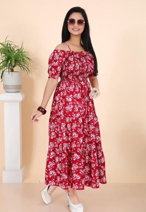 Stylish Floral Printed Cotton Blend Maxi Dress for Women | Casual & Party Wear/ Free Shipping