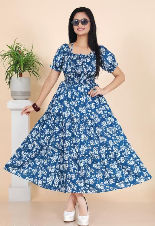 Stylish Floral Printed Cotton Blend Maxi Dress for Women | Casual & Party Wear/ Free Shipping