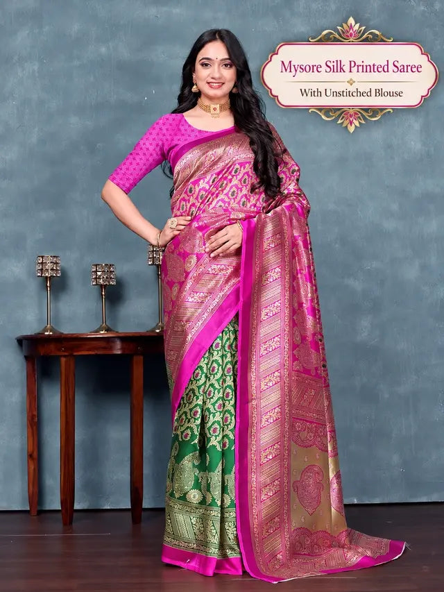 Elegance Dual-Tone Pink & Green Mysore Silk Printed Saree with Unstitched Blouse Piece/ free-shipping